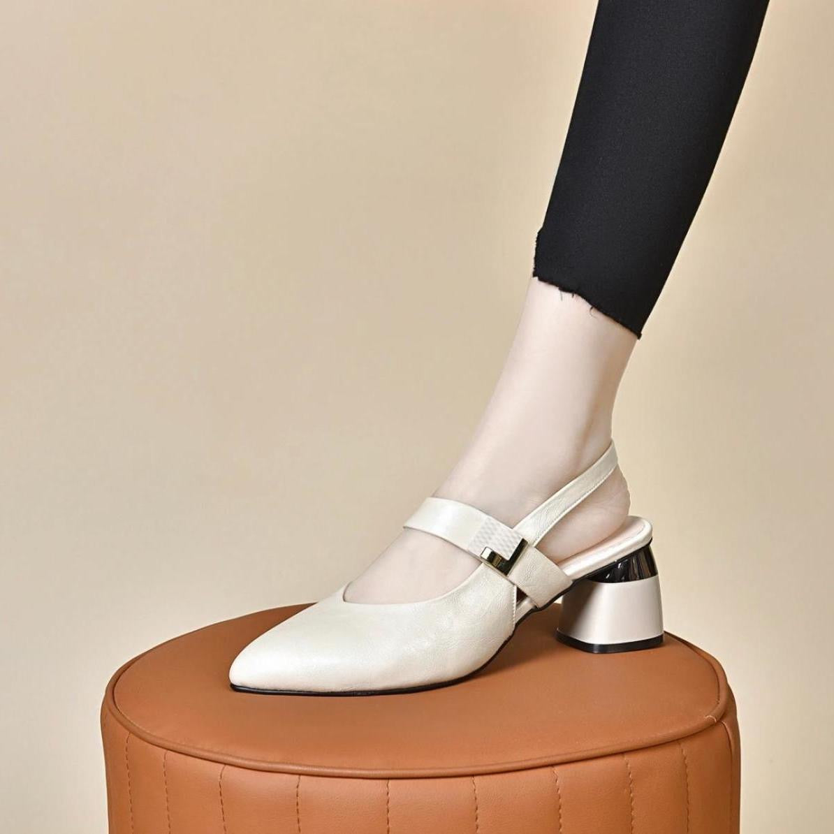 Sandalias de Tacón Medio Cuero Transpirable Aura Prisma Serenidad, Elegancia Cómoda Todo el Día