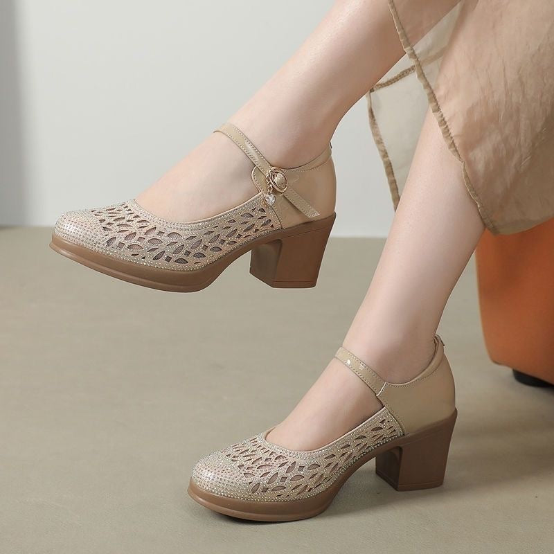 Sandalias de Tacón Cuero Suave Equilibrio Brisa Camino, Estabilidad y Confort Todo el Día