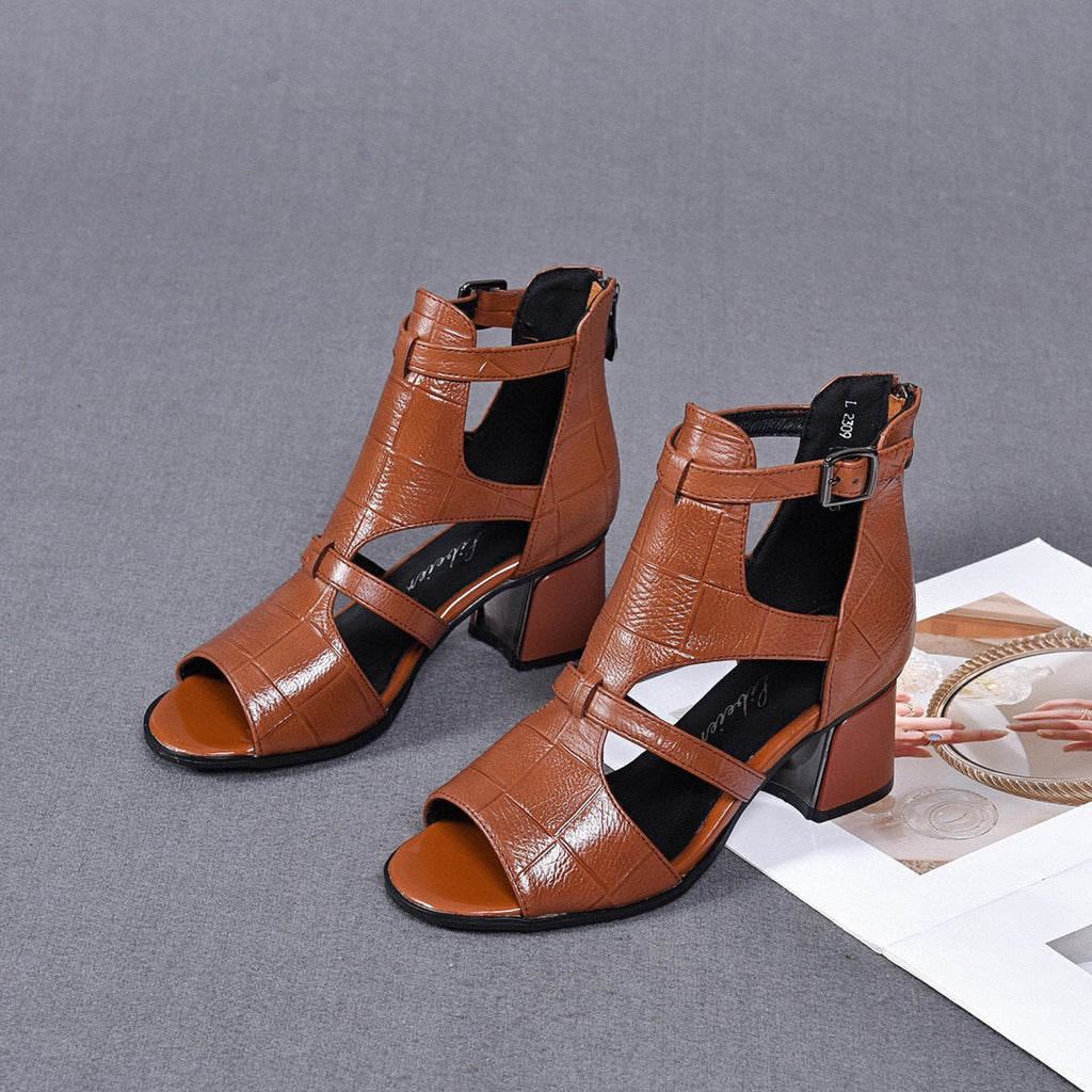 Sandalias de Tacón Cuero Premium Serenidad Romana Ímpetu, Comodidad Elegante Todo el Día