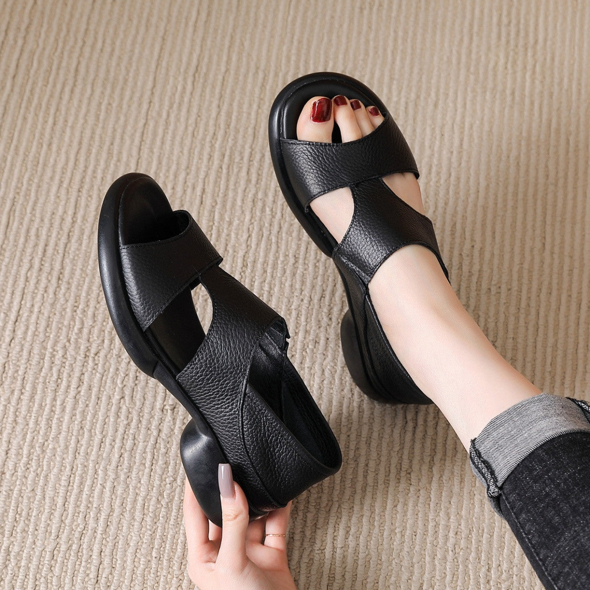 Sandalias Planas Cuero Suave Aura Camino Serenidad, Postura Saludable Todo el Día