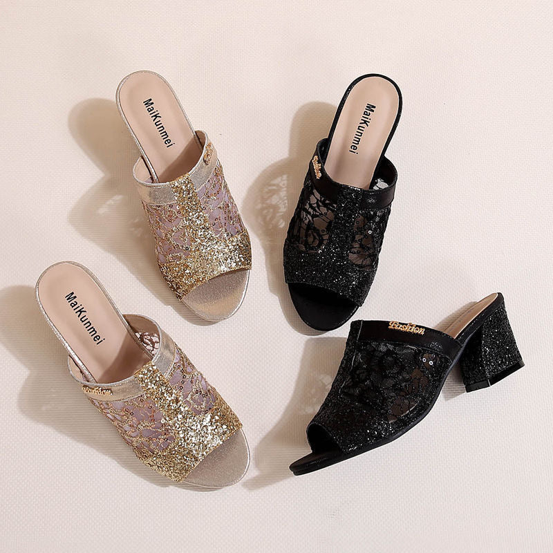 Sandalias de Tacón Encaje Brillante Aura Jazz Horizonte, Elegancia Cómoda Para Todo el Día